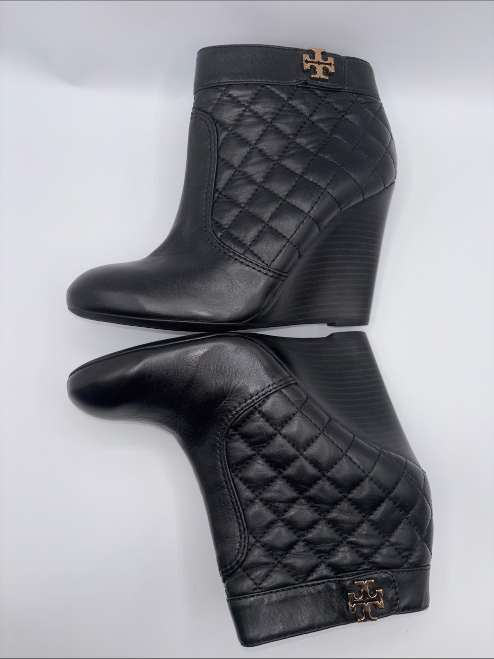 Tory Burch Black Quilted Leather Wedge Booties with Gold Logo - Picture 7 of 12